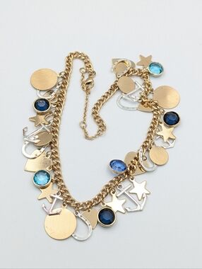 Choker or child necklace horseshoe, anchors, and blue rhinestone charms